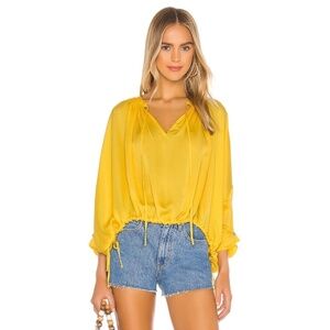 RHODE Helene Cape Sleeve Top Yellow Short Sleeves Tie Neck Cinch Hem Medium